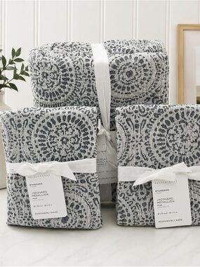 Pottery Barn Cotton Jacquard Medallion Full Queen Duvet & 2 Shams Blue Gray NEW